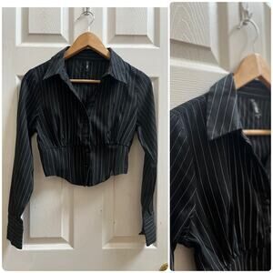 FB Sister Black Pinstriped Long Sleeve Button Down Cropped Corset Top Small